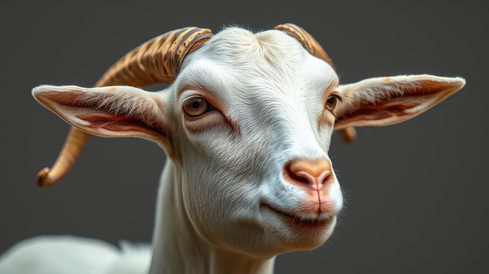 Close-up of a goat showcasing its distinct features and expression against a neutral backdrop in a studio setting